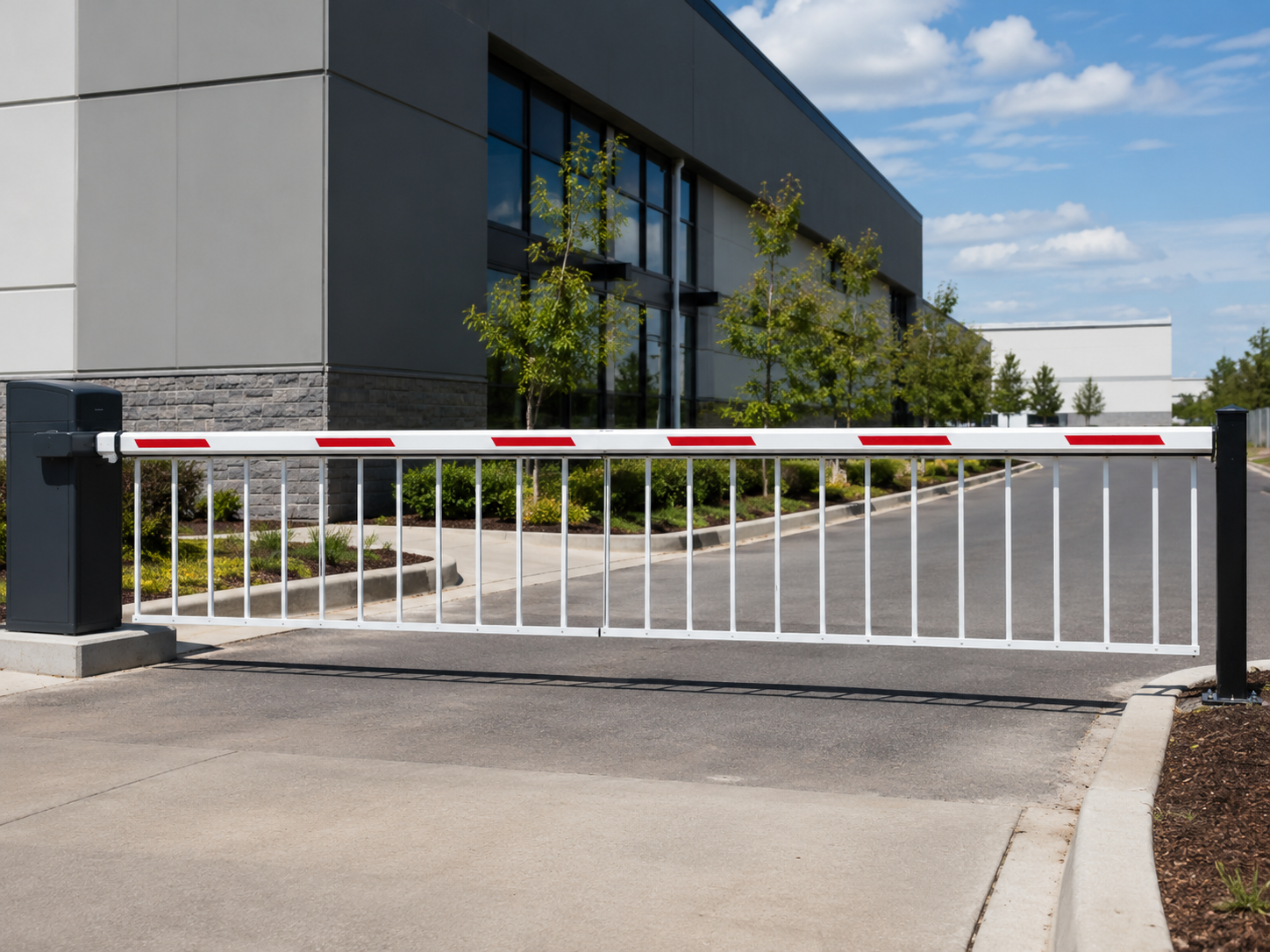 Boom gate with rigid skirt barrier beneath the arm