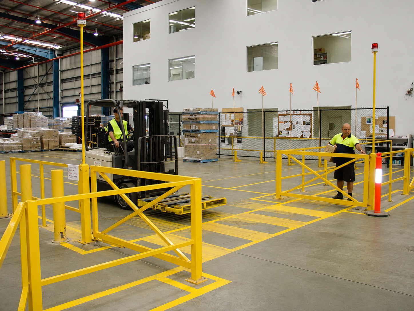 Industrial safety crossing separating a forklift route from a pedestrian path