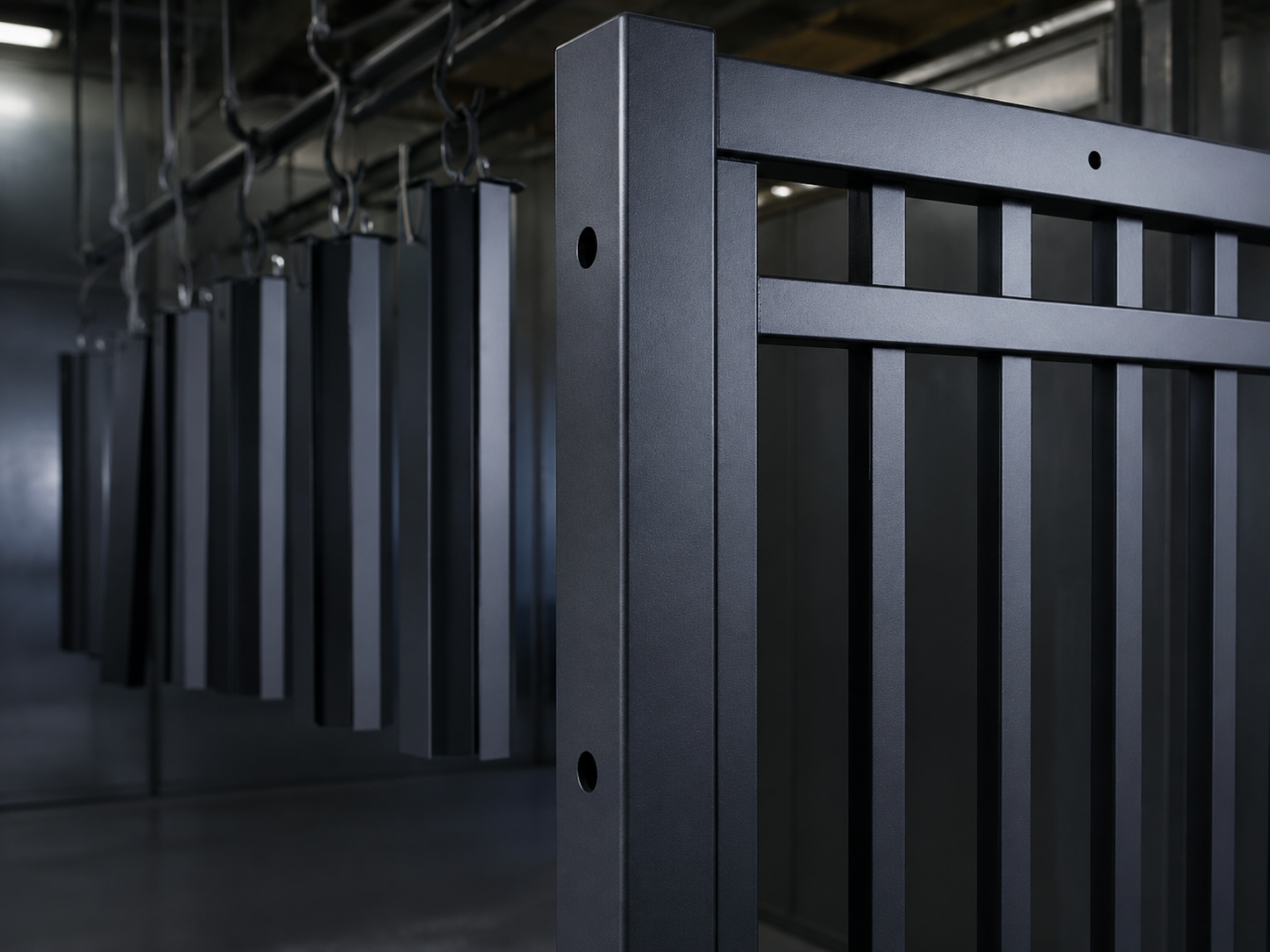 Dark powder-coated steel frame components