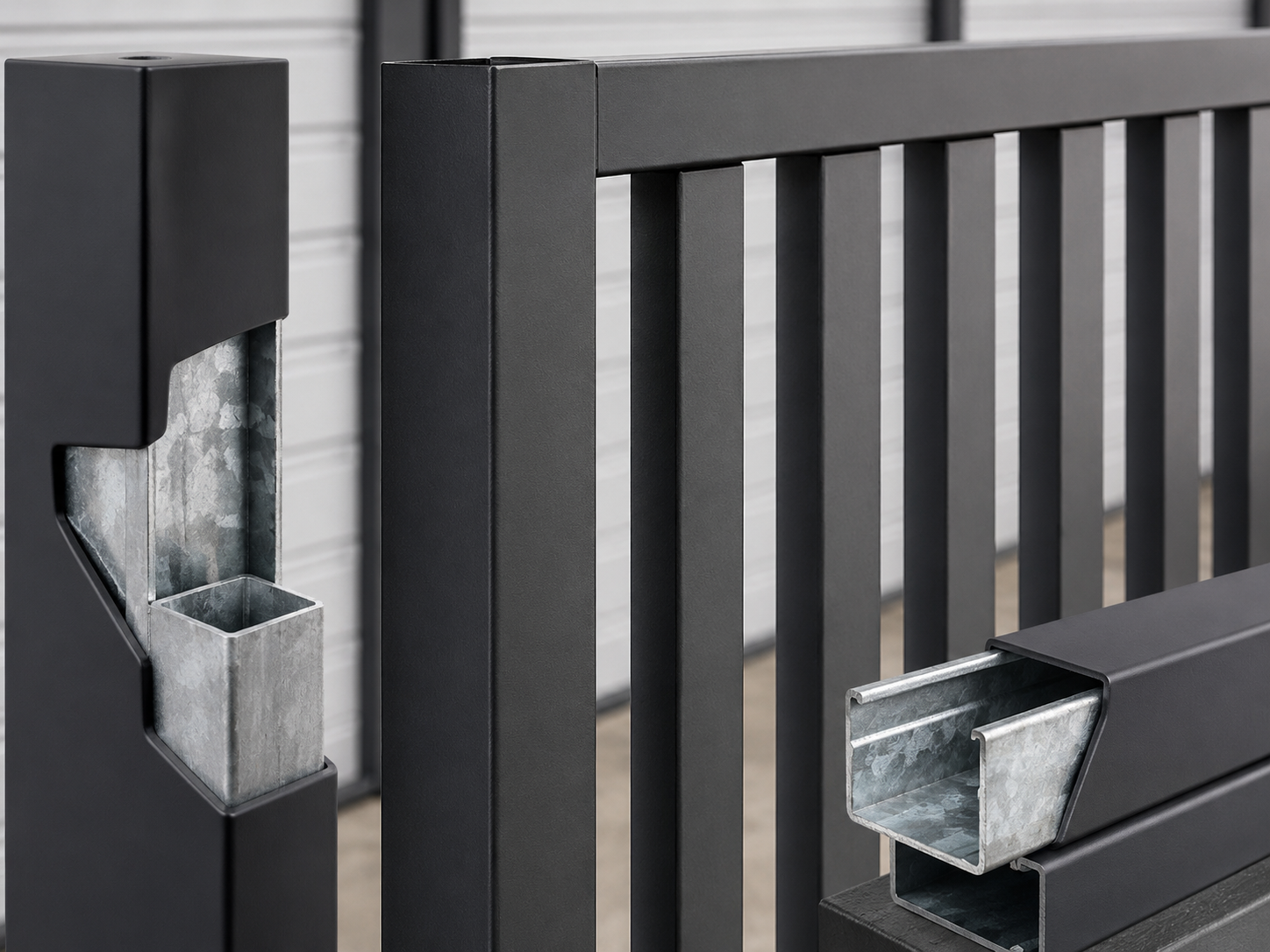 Powder-coated gate frame showing galvanised steel beneath the finish