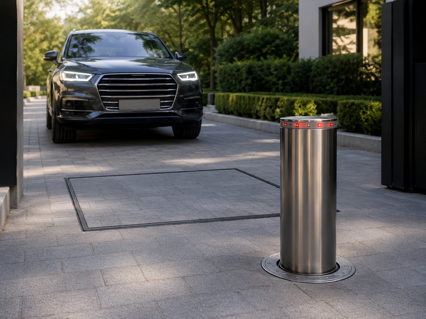Vehicle detection loop beside an automatic bollard