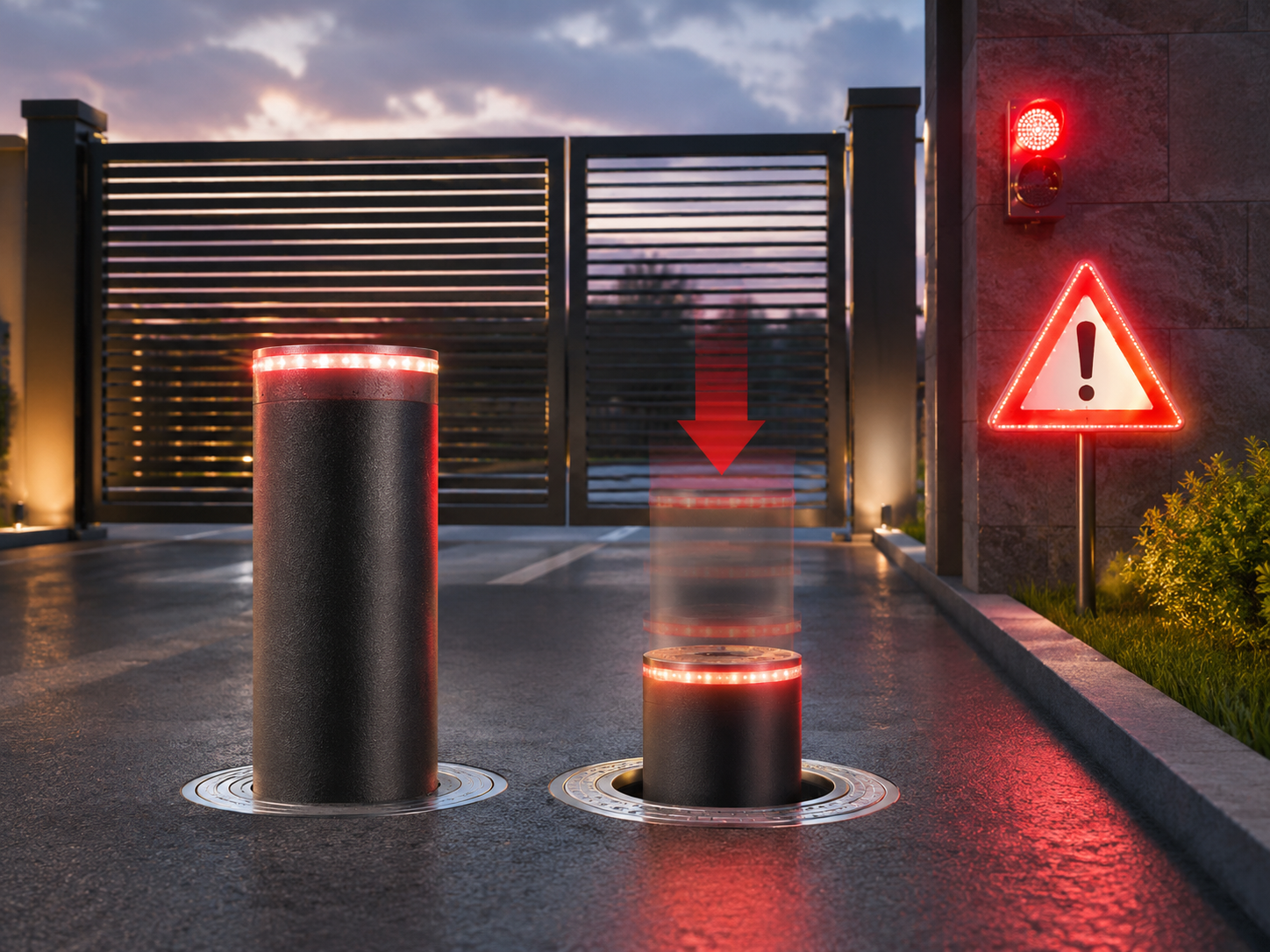 Automatic bollard with visible warning lights