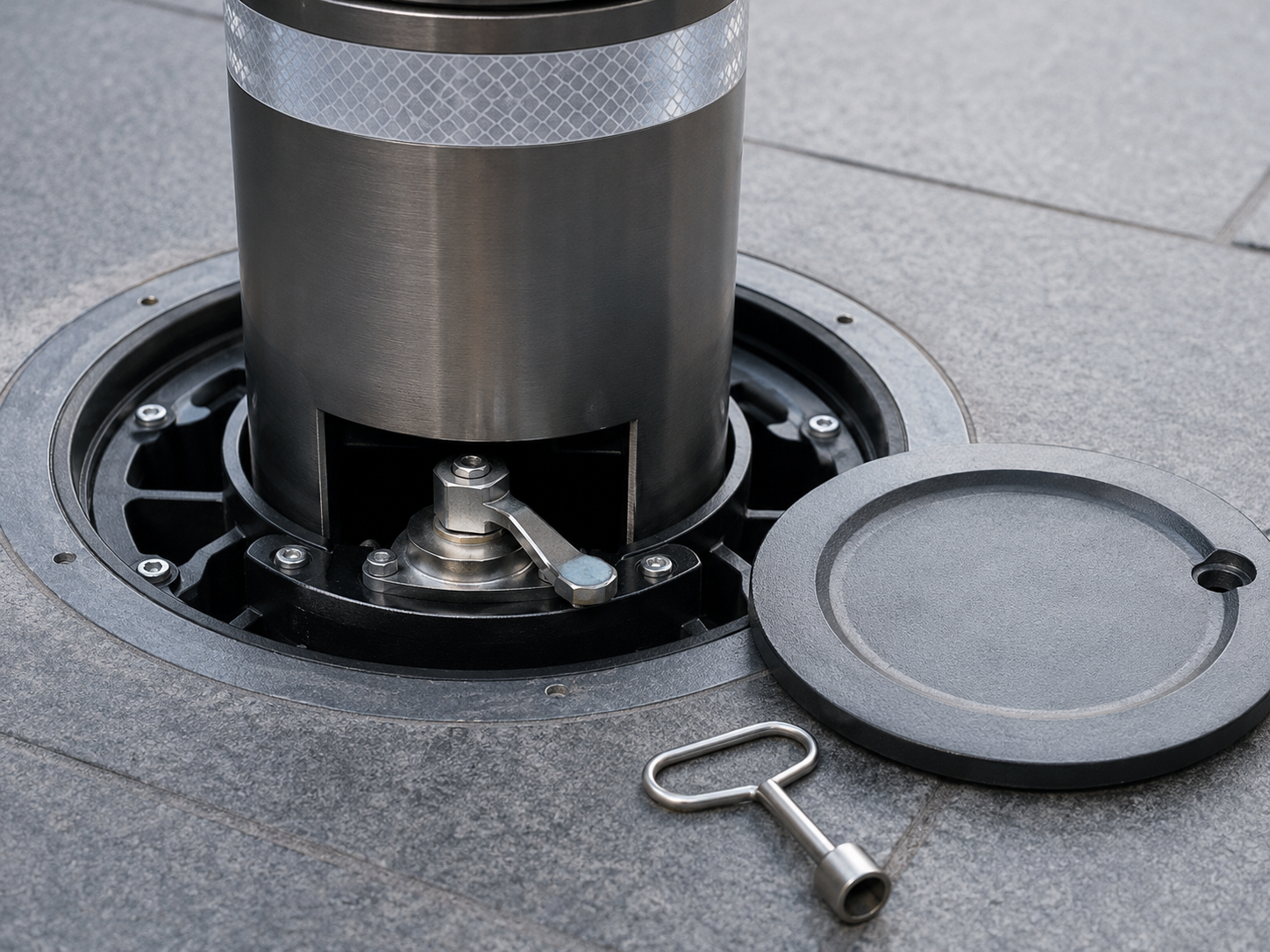 Manual release and service access for retractable bollard